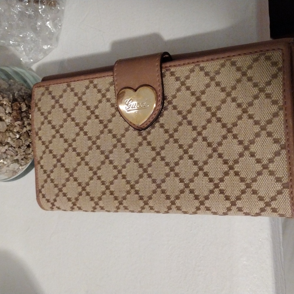 Gucci Beige/Brown Diamanté Canvas Dusty Rose Leather Heart Long Wallet